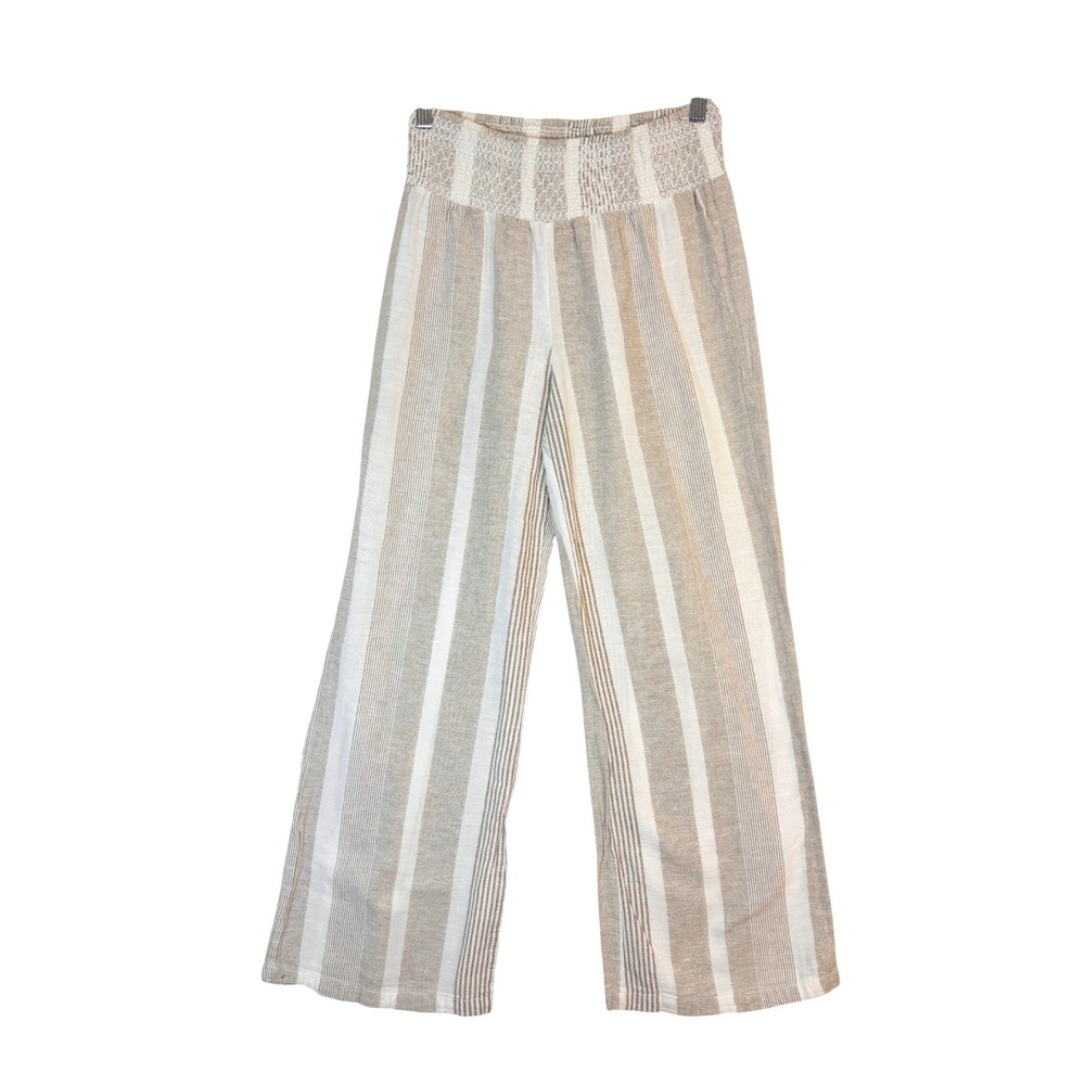 Cali 1850 Wide Leg Pants Womens S Beige Striped Linen Blend Coastal Boho Casual